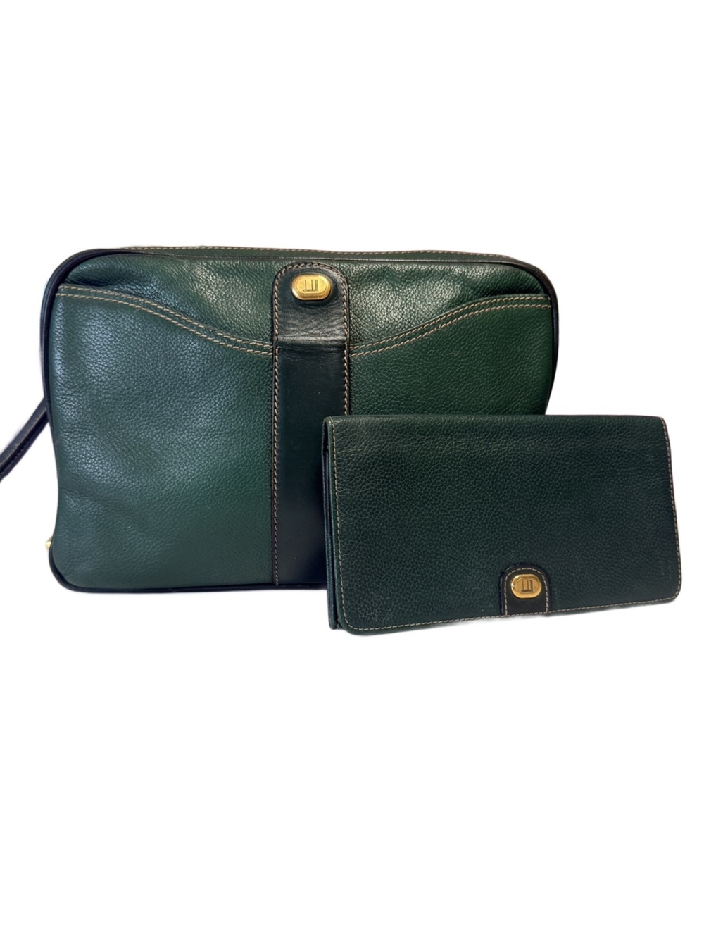 Dunhill Dark Green Leather Clutch Vanity Bag with Matching Wallet